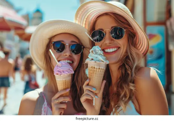 Two young women are eating ice cream on the street