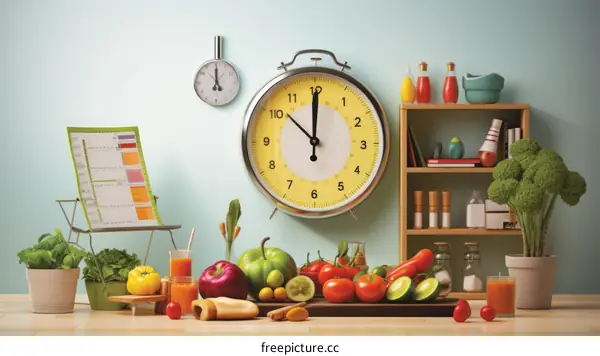 A variety of healthy food items are arranged on a kitchen counter with a clock on the wall behind.