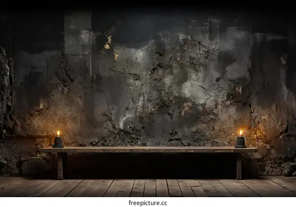 Two candles on a wooden bench against a dark stone wall background