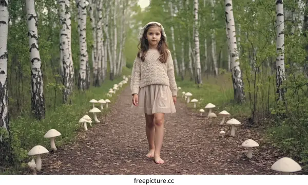 Little Girl Walking Through Fairy Tale Forest Pathway with Mushrooms