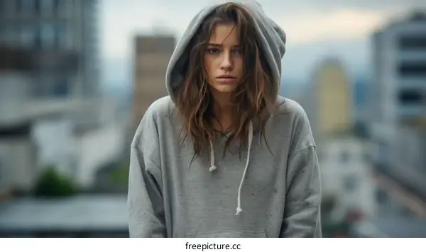 Portrait of a serious young woman in a gray hoodie looking at the camera with a neutral expression
