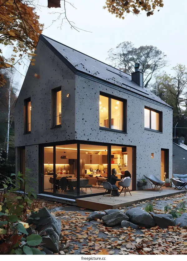 Modern House with Large Windows and Stone Exterior