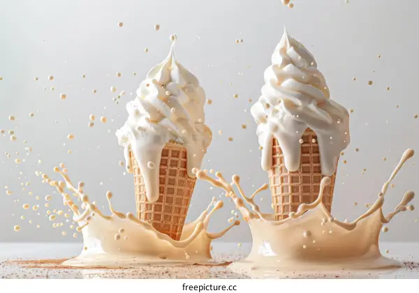 Vanilla ice cream cones with milk splash