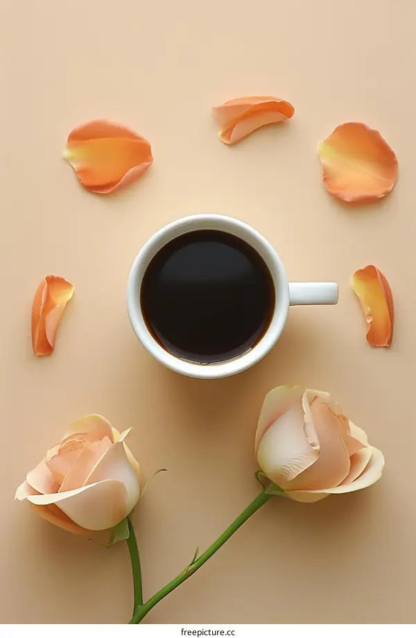 A cup of coffee with peach roses