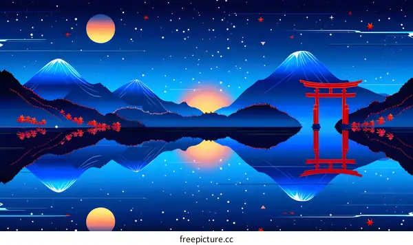Mount Fuji and red torii gate in the lake with blue background