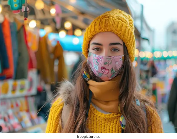 Portrait of a young woman wearing a yellow beanie and a floral face mask
