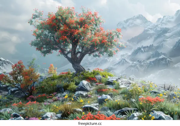 Enchanted Fantasy Landscape with Majestic Tree and Mountains