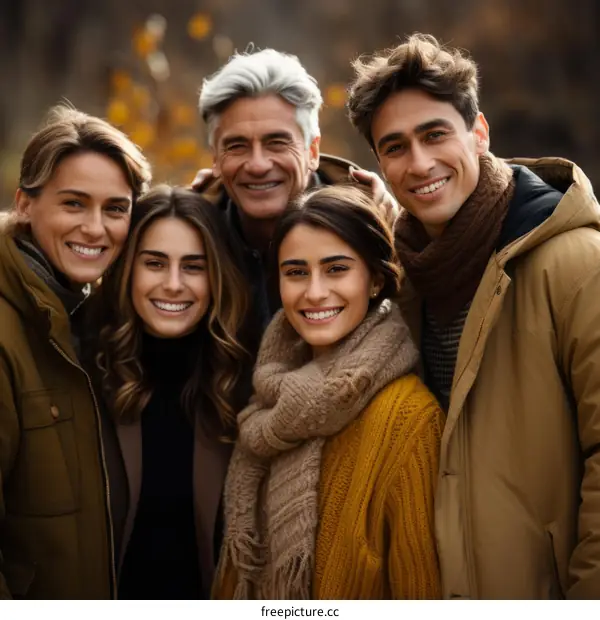 Happy family of five posing for a picture in the park