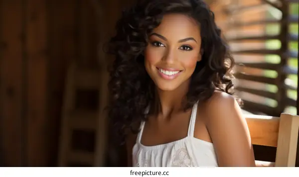 Portrait of a beautiful young woman with curly hair smiling