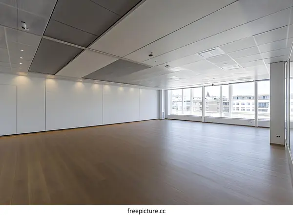 Empty Office Space with Large Windows and Wooden Floor