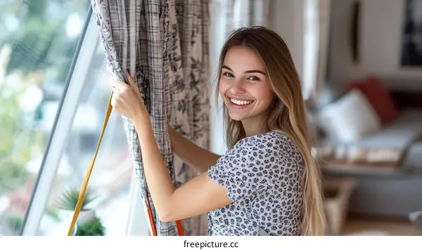 Woman Opening Window Curtains in a Cozy Home