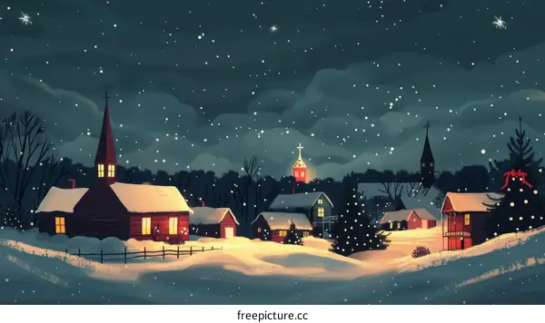 Peaceful Snowy Village Night Scenery