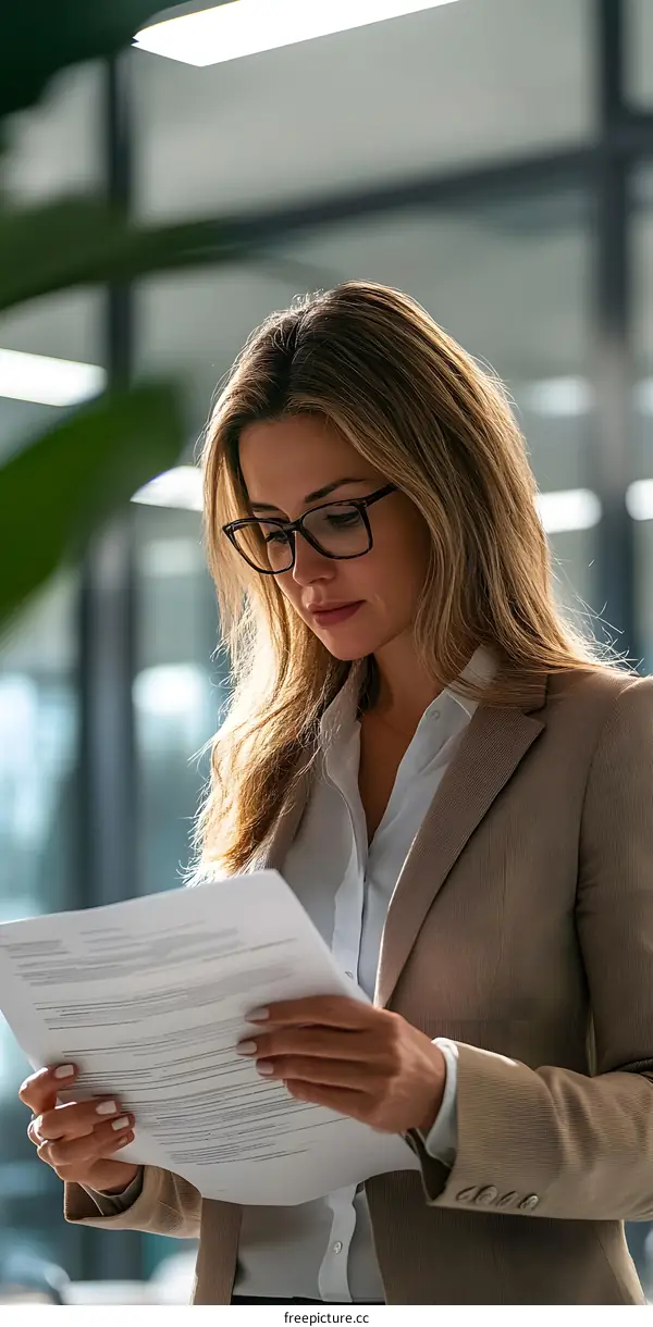 Businesswoman reviewing documents in office setting