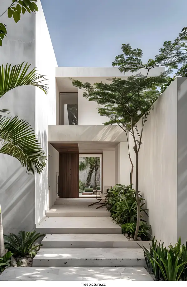 Minimalist Modern Home Exterior with Steps and Plants