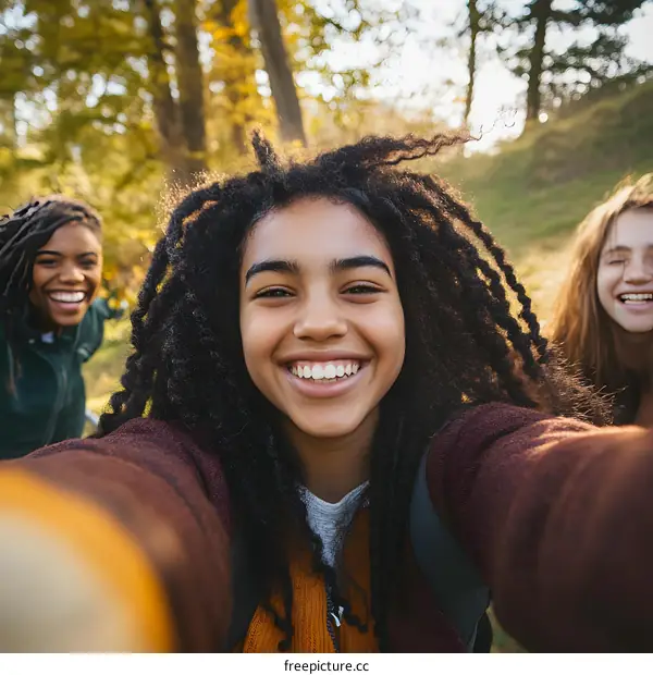 Happy Friends Taking a Selfie in the Fall