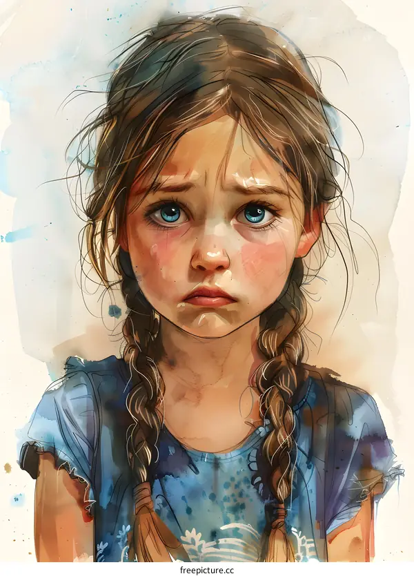Portrait of a Sad Little Girl with Blue Eyes