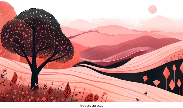 Pink Landscape Illustration with Tree and Birds