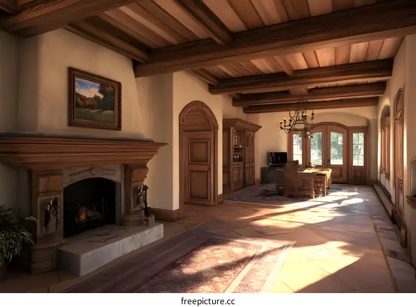 Rustic Living Room with Fireplace and Wooden Beams