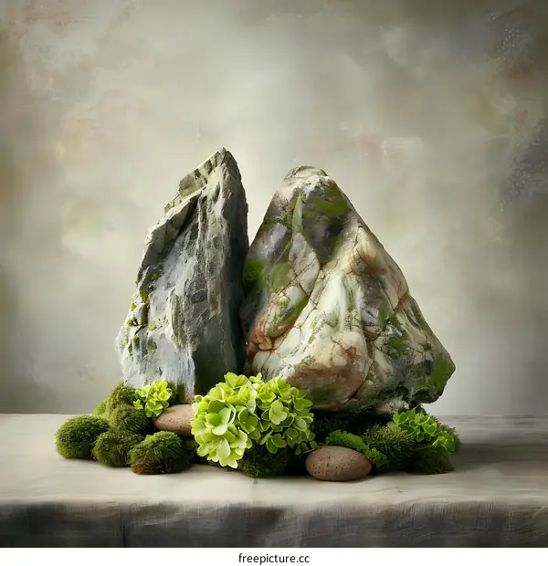 Two Moss Covered Stones On A Table