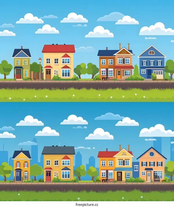 Beautiful Cartoon Illustration of Cityscape With Houses