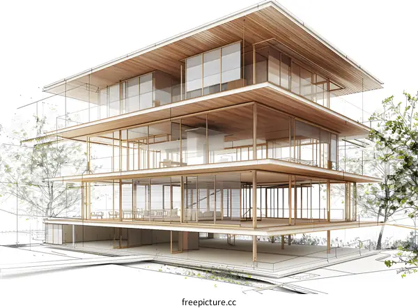 Modern wooden house architectural sketch