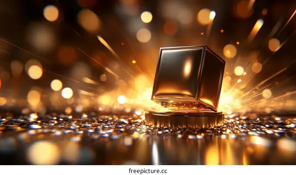 Golden Award Cube Trophy on Sparkling Background