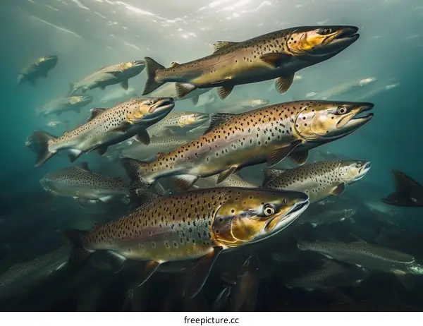 Underwater close up of a school of brown trout