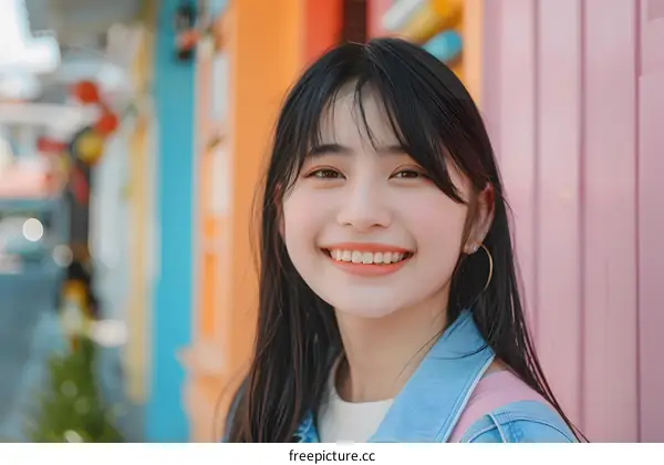 Smiling Asian Woman with Long Black Hair Wearing a Blue Denim Jacket