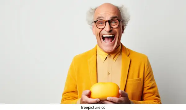 Ecstatic senior man holding a giant cheese