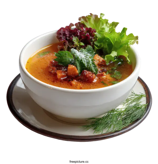 [Transparent Background PNG]Creamy Soup with Croutons and Herbs in a White Bowl
