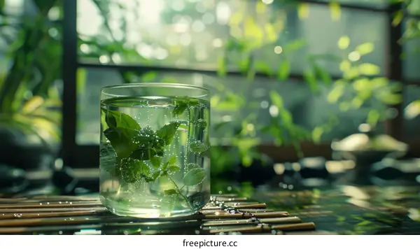 A glass of water with mint leaves on a wooden table near the window