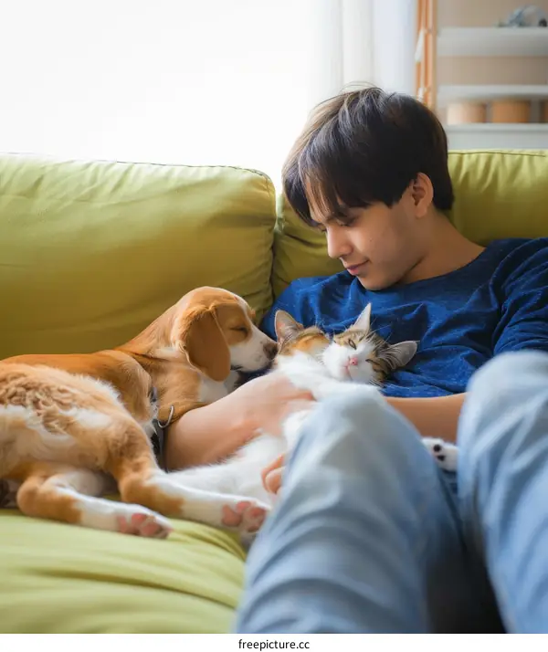 A young man is lying on a couch with a dog and a cat