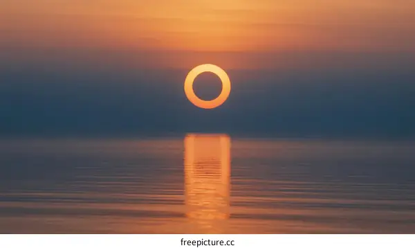 Annular Solar Eclipse Over Calm Ocean Surface at Sunset
