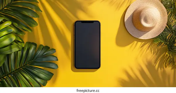 Summer Tropical Phone Mockup With Straw Hat