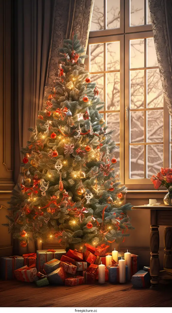 A beautifully decorated Christmas tree stands in a living room.