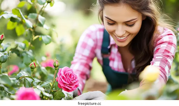 Woman Gardening with Roses in a Rose Garden