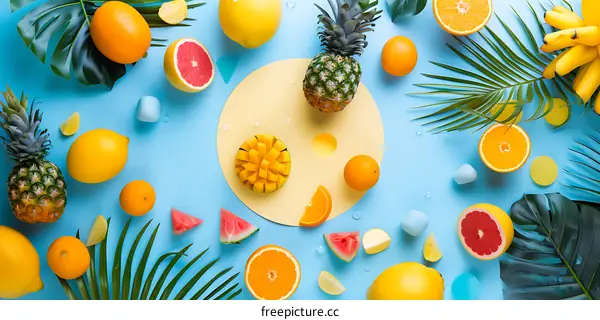 Tropical Fruit Still Life on Blue Background