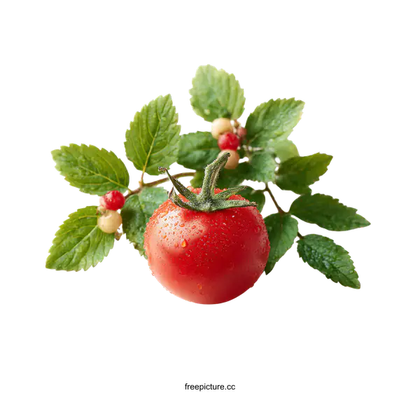[Transparent Background PNG]Fresh Red Tomato with Dew Drops and Leaves