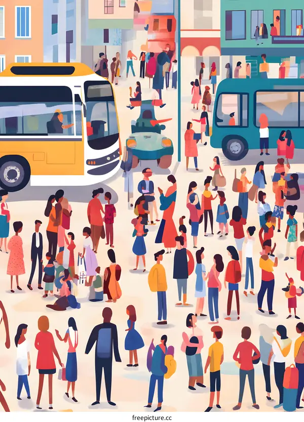 Busy City Street Illustration With People Waiting for the Bus