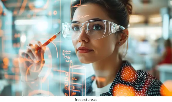 Woman in protective eyewear working with a digital interface