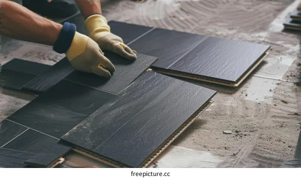 Handyman installing new wooden floor tiles