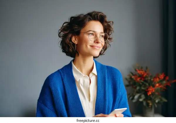 Thoughtful Woman in Blue Cardigan with Glasses