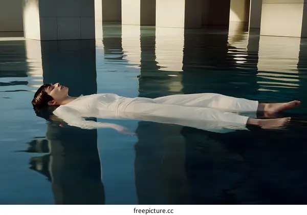 Woman Floating in a Pool with Reflections of Pillars
