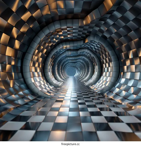 Futuristic sci-fi tunnel with glowing blue light at the end of the tunnel