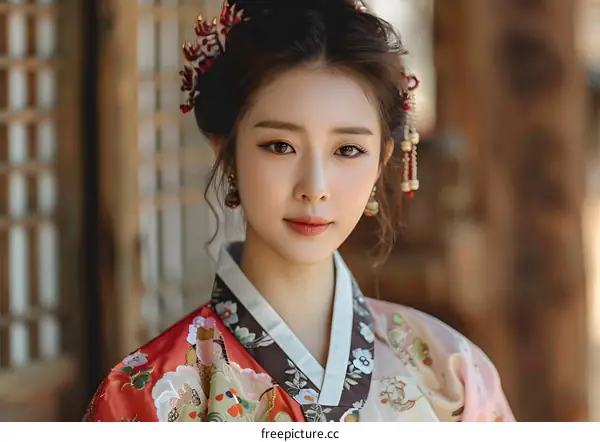Beautiful Asian Woman Wearing Traditional Korean Hanbok Dress