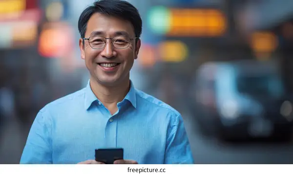 Smiling Asian Man Holding Smartphone in City
