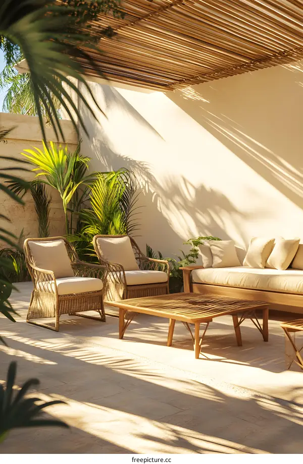 Tropical Patio Furniture Design With Wicker Chairs And A Wooden Table