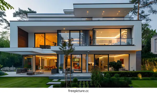 Modern House with Large Windows and a Green Lawn