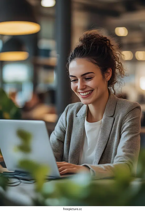 Smiling Woman Working on Laptop in Cafe
