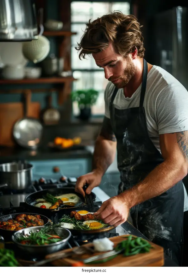 Young male chef cooking in a kitchen